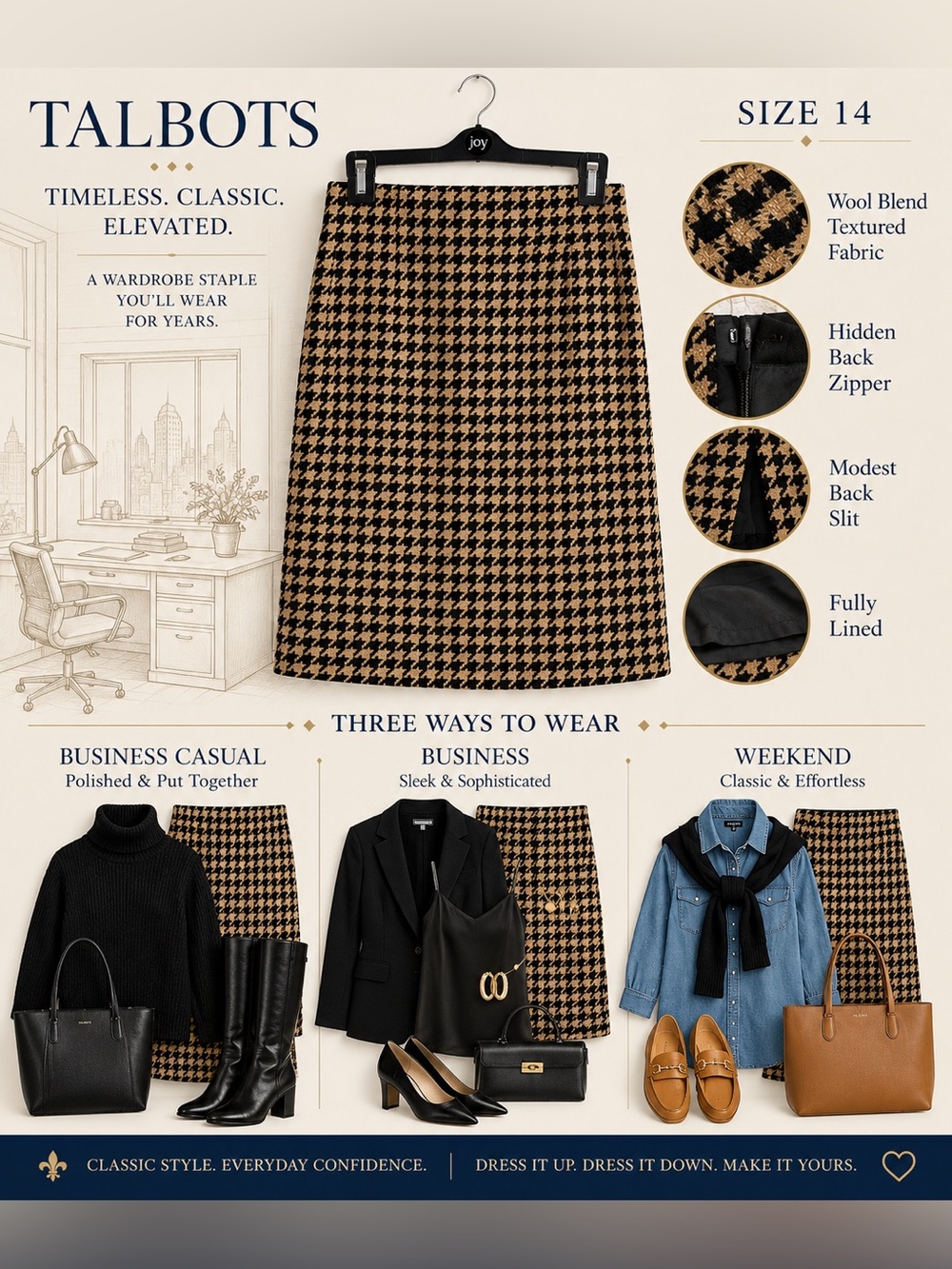 Talbots Houndstooth Skirt - Black & Tan Wool Blend Sz 14 | Quiet Luxury Workwear